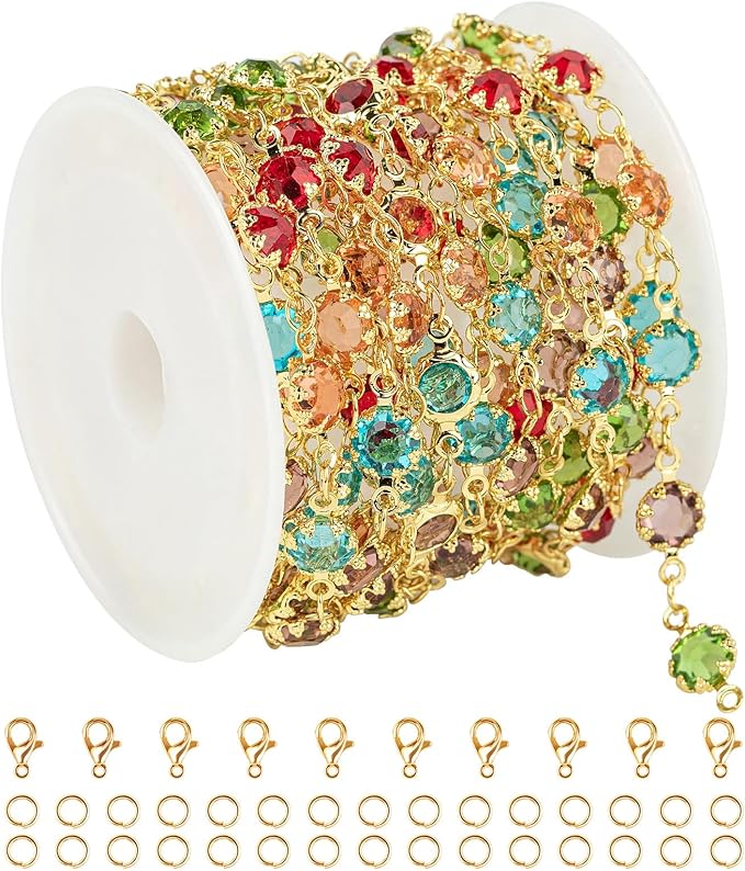UMAOKANG Colorful Crystal Jewelry Chains Bulk 18K Gold Plated Brass Chain for Jewelry Making Women Necklace Bracelet DIY Craft Chain Roll