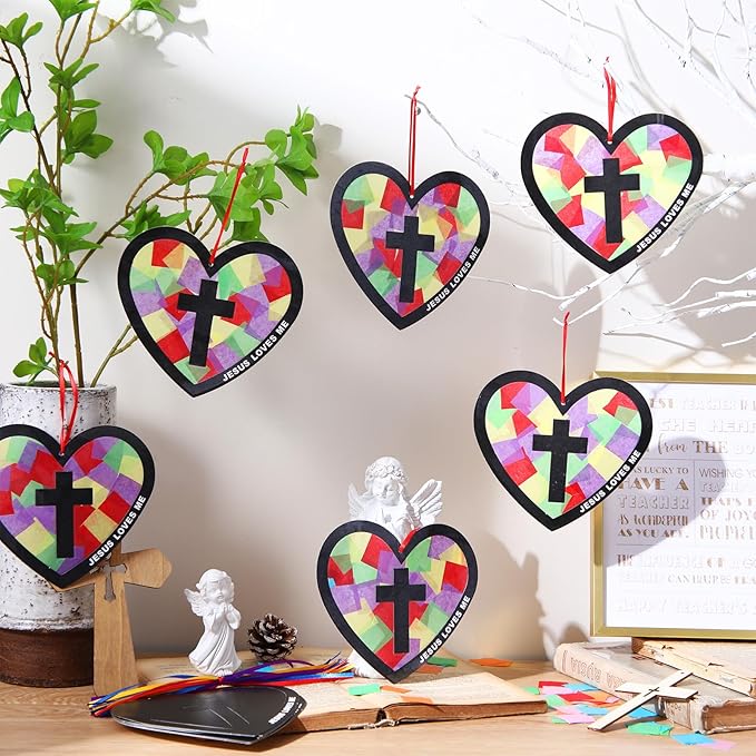 Motipuns 32 Sets Easter Christian Ornaments Craft Kit, Religious DIY Heart Suncatchers Gift Stained Glass Effect with Tissue Paper Window Art for Sunday School Church VBS Decor