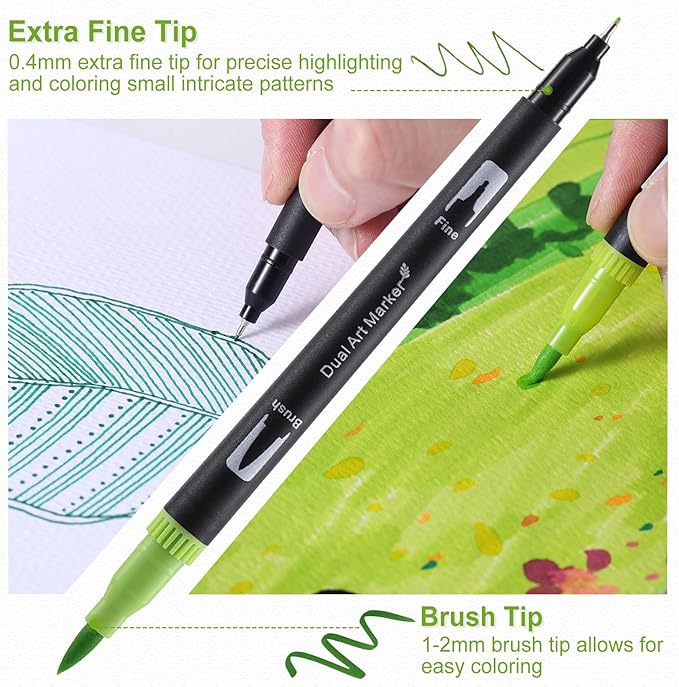 36 Colors Watercolor Markers with Coloring Book Set Brush & Fine Dual Tip No Bleeding Professional Paint Pens For Drawing Note taking Planner Calligraphy Journaling Card Making Art Supplies