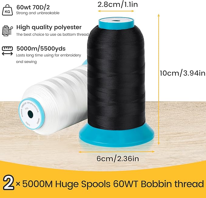 New brothread Set of 2 (Black+White) Bobbin Thread/Bottom Thread 60WT Huge Spool 5000M (5500Y) for Embroidery and Sewing Machines