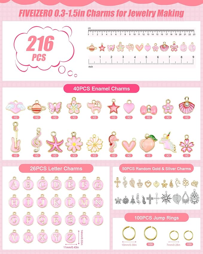 FIVEIZERO 216PCS Bracelet Charms for Jewelry Making – Assorted Gold & Silver Metal Enamel Pendants with Jump Rings for Necklaces, Earrings & DIY Jewelry Crafts(Pink)