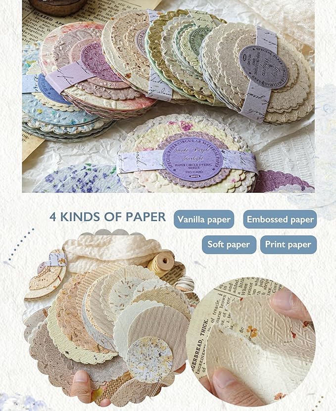 300Pcs Scrapbook Supplies Kit, Round Edge Colorful Textured Embossed Rice Decoupage Paper for Scrapbooking, Junk Journaling, Card Making, Mixed Media Collage, Vibrant DIY Decorative Materials Gift Set