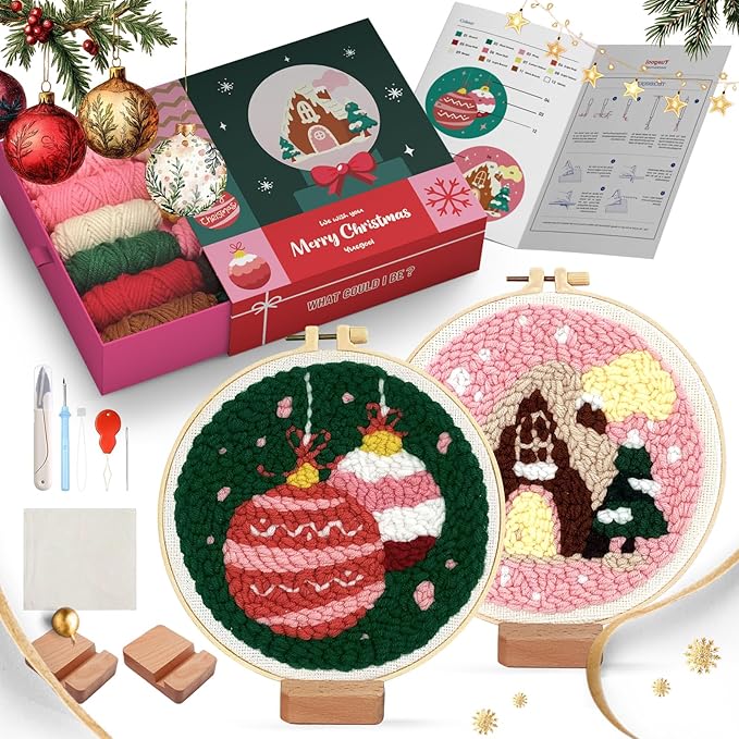 yuegool 2PCS Christmas Punch Needle Decoration Kit, Easy DIY Punch Needle Embroidery Kit for Beginners & Adults Including Patterns, Tools, Yarns, Hoop, Instruction, Bracket Art Craft Supplies
