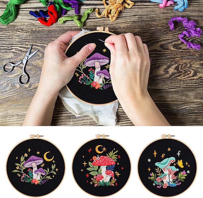 Nuberlic 3 Pack Embroidery Kit for Adults Beginners, Stamped Cross Stitch Mushroom Patterns with Hoop, Thread, Needles & Step-by-Step Guide Easy DIY Starter Kit
