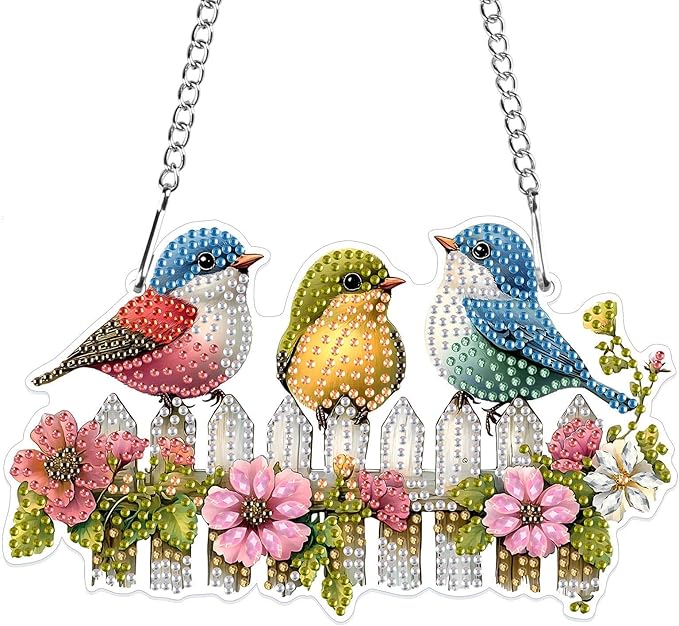 MXJSUA Special Shaped Hanging Diamond Painting Art Kits for Adults, Three Cute Birds 3D Crystal Rhinestone Acrylic Gem Art Pendant Ornaments Kit for Home Decoration and Gift