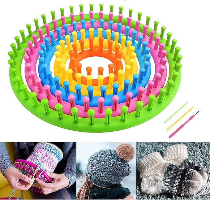 JAMIT Round Knitting Looms Set Craft Kit DIY Tool with Hook Needle, Set of 5 Plastic Looms Knitting for Hat Scarf Shawl Sweater Sock and Blankets