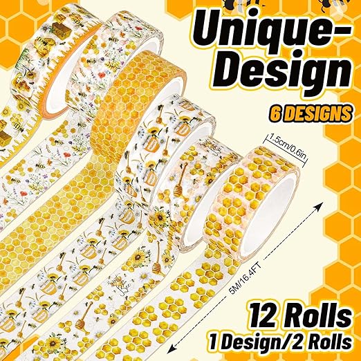 Whaline 12 Rolls Bee Washi Tape Bumble Bee Honeycomb Sunflower Washi Tapes Watercolor Yellow Decorative Masking Tape for Spring Summer Scrapbook Journal DIY Art Craft Gift Wrapping
