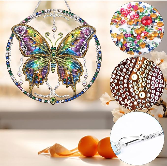 Bimkole Butterfly Diamond Art Hanging Kit for Adult, DIY 5D Animals Diamond Art Painting Window Pendant, Acrylic Crystal Art Hanging Ornament for Wall Home Garden Front Door Decor - 7.8x7.8 Inch
