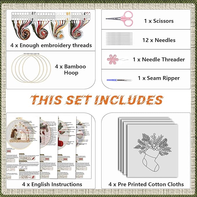 wkalxj 4 sets embroidery kits for beginners adults, cross stitch kits, needlepoint kits with instruction, video, needle point kits with holly fireplace stocking nativity patterns (4 sets a)