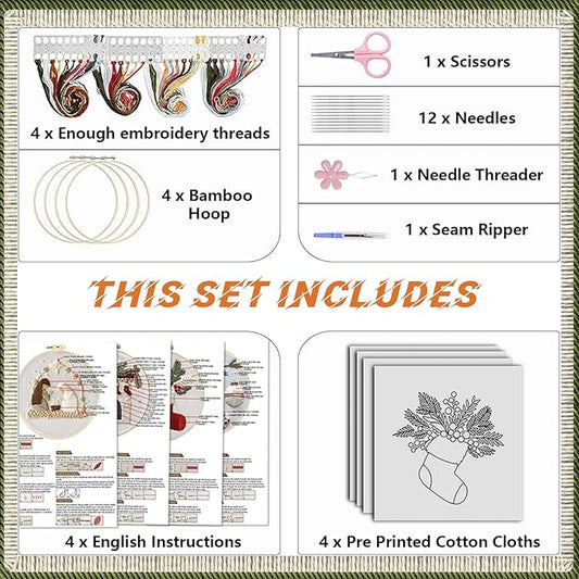 wkalxj 4 sets embroidery kits for beginners adults, cross stitch kits, needlepoint kits with instruction, video, needle point kits with holly fireplace stocking nativity patterns (4 sets a)