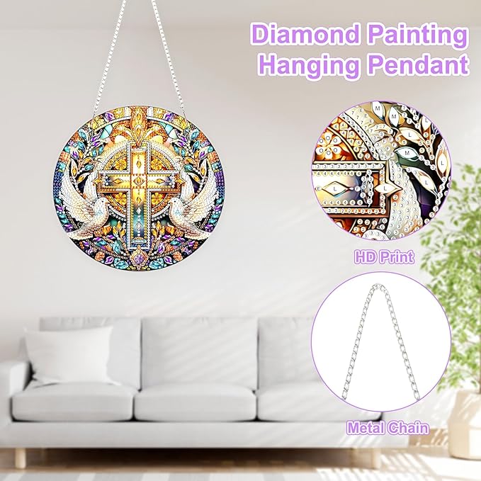 TOSTOG Diamond Art Hanging Kits for Adults, Cross Dove Diamond Painting for Adults Window Pendant, Special Shape Diamonds Christian Cross Diamond Painting Hanging Pendant Kit for Wall Decor Gift