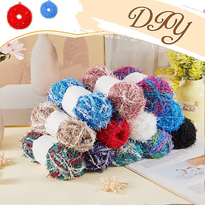 Amylove 12 Skeins Scrubby Yarn 230 Ft/ 76.7 Yard, 3 oz Assorted Colors Scrubby Stripes Polyester Scrub Yarn for Knitting Weaving Crochet Craft Project