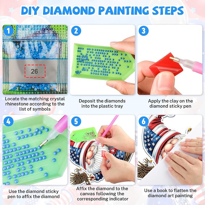 Bowetile Independence Day 5D Diamond Art Hanging Gnome Kits for Adults, 4th of July Diamond Painting USA Window Pendant Kits, Special Shape Gem Art Suncatcher Ornament for Home Wall Decor