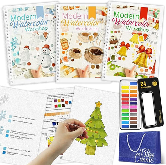 3Pcs Watercolor Workbook Paint Book Beginner Friendly Painting Kit, 36 Pages Workbooks with 24 Paint Colors & Brush for Beginners, Stress-Relieving Gift for Women Adults (Winter&Autumn&Christmas)