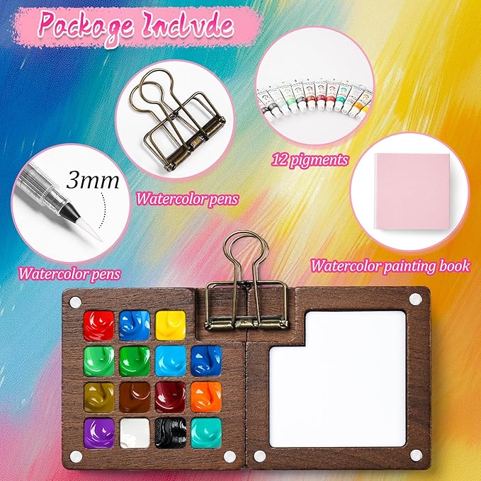 Mini Watercolor Paint Set, 24 Colors Portable Pocket Watercolour Travel Kit with 15 Grid Wood Paint Palette, Sketchbook, Metal Clip, Water Brush for Painters Artists Students
