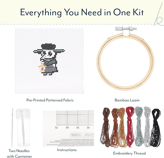 GAMAGO Plague Doctor Cross Stitch Embroidery Kit – DIY Needlework Craft Set with Hoop, Fabric, Floss & Instructions, Cute Beginner Embroidery Kit for Kids, Teens, & Adults