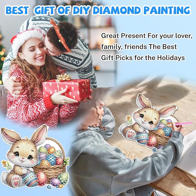 Bowetile Easter Hanging Diamond Art Kits for Adults Kids, 5D Special Shape Diamond Painting Rabbit Kits, Easter Diamond Gem Art Suncatchers Painting Pendant Home Decor, Gifts for Kids