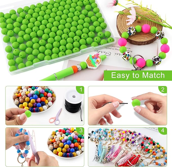 160Pcs 12mm Silicone Beads for Keychain Making Bracelet Necklace, Bulk Round Silicone Beads for Pens（Chartreuse）