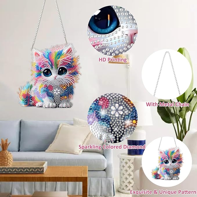 DOMROM Cat Diamond Art Hanging Kits for Adults, Special Shaped Crystal Diamond Painting Cat Pendant, DIY Diamond Art Suncatchers Animal for Home Garden Wall Decor Gift