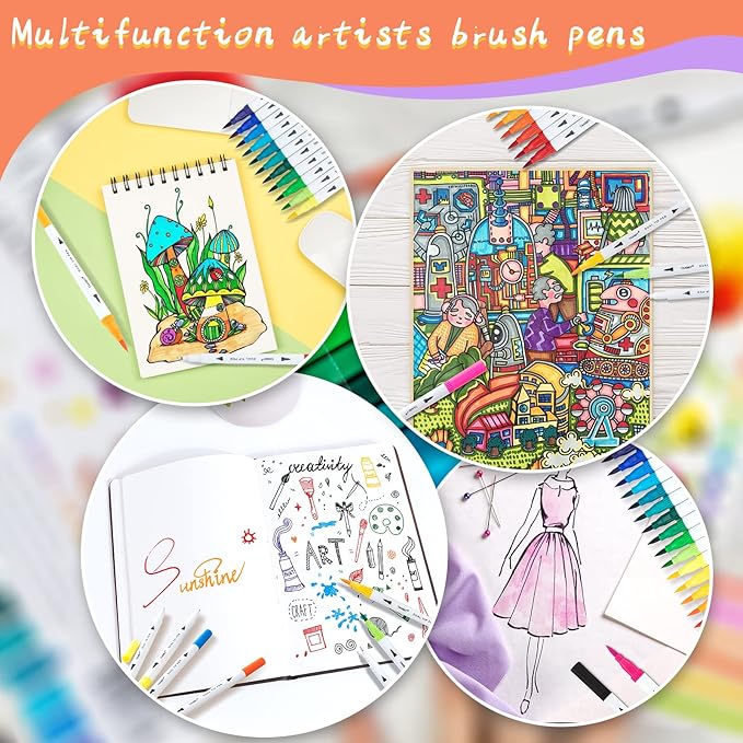 Dual Brush Marker Pens for Coloring Books, Tanmit Fine Tip Coloring Marker & Brush Pen Set for Journaling Note Taking Writing Planning Art Project