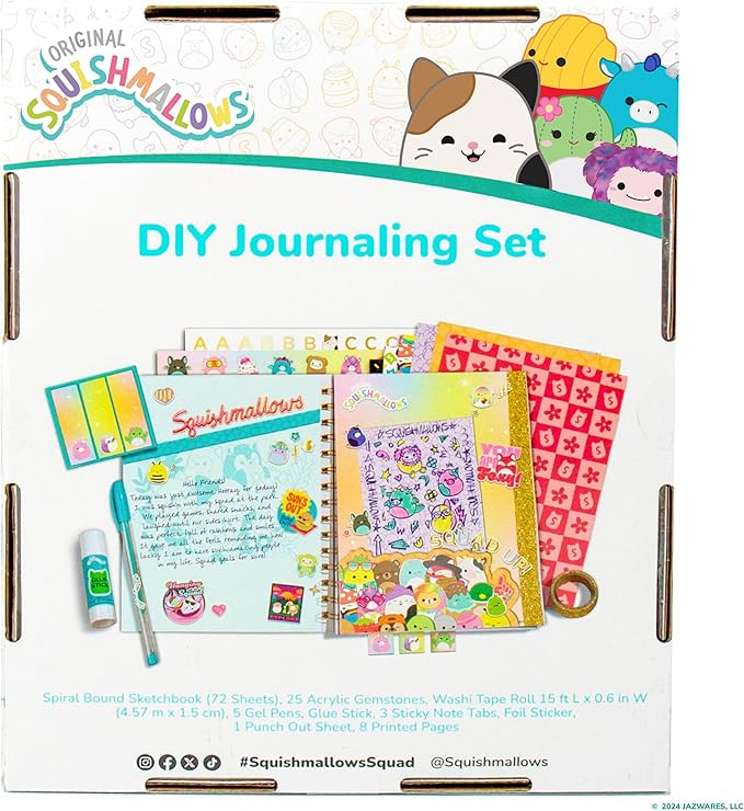 Squishmallows Original DIY Journaling Set, Journaling Kit with Gel Pens, Stickers, Sticky Notes, and Gems, Scrapbook for Kids, Cute Stationary Set, Notebook for Girls, Diary for Girls Ages 8-12
