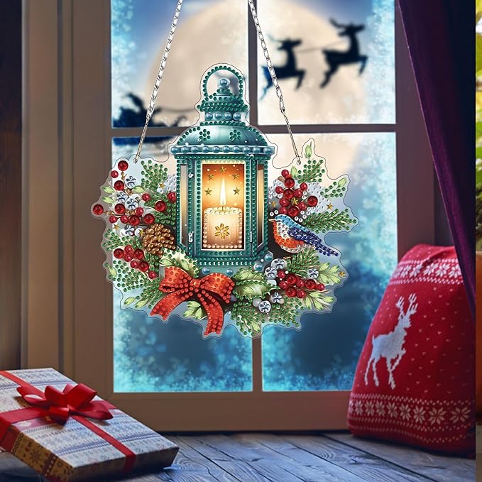 Bowetile Christmas Diamond Art Hanging Kits for Adults, Candlelight Diamond Art Suncatchers, 5D Special Shape Diamond Painting Pendant Window Ornament Christmas Gifts for Home Door Wall Decor