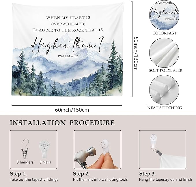 MNASAIOO Christian Mountian Woods Wall Tapestry Hanging for Bedroom, Bible Verse Scripture Psalm 61:2 Tapestry, Watercolor Religious Tapestries Wall Decor for Living Room Prayer Room Church 50x60in