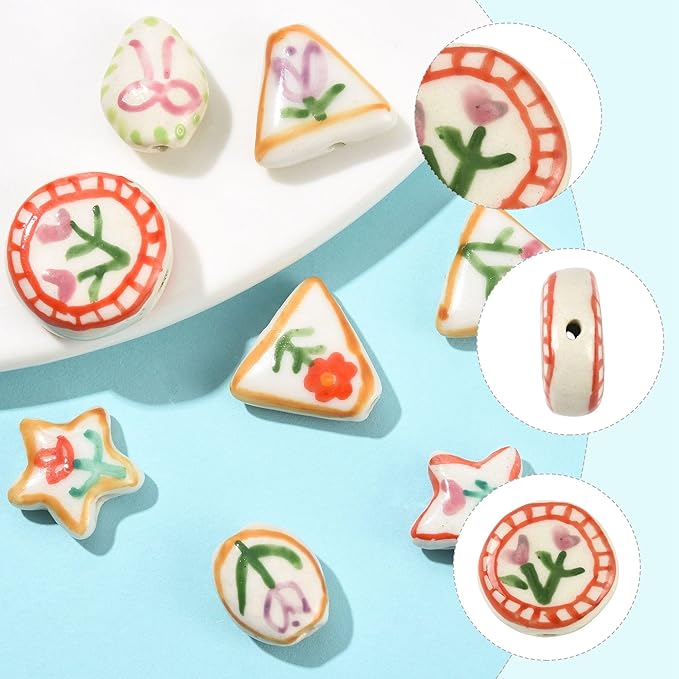8Pcs Flower Porcelain Beads for DIY Jewelry Mixed Shapes Handmade Round Triangle Star Oval Floral Spacer Beads for Necklaces Bracelets Earrings Keychains Making and Crafting
