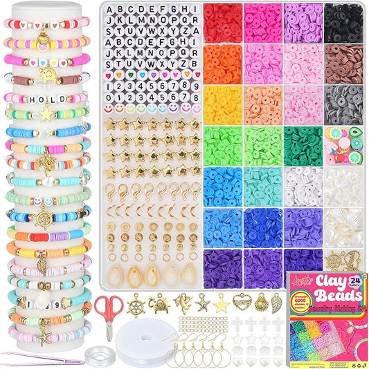 LovelyMoon Clay Beads Bracelet Making Kit 6000Pcs Preppy Flat Beads for Friendship Bracelet Jewelry Making Kit for Beginner Arts and Crafts Gifts for Teen Girls Kids Ages 6 7 8 9 10 11 12