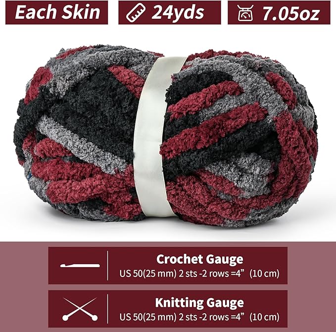 10 Pack Jumbo Chunky Yarn for Hand Knitting, Fluffy Chunky Chenille Yarn for Crocheting, Variegated Chunky Knit Baby Blanket Yarn, 240 yds /70.5 oz Super Bulky Yarn(Gray-Black-Red)