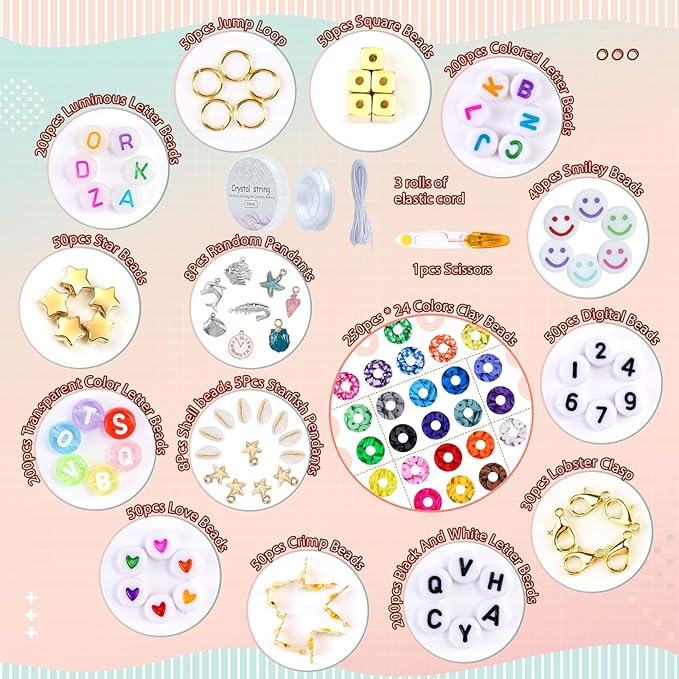 FZIIVQU Clay Beads Friendship Bracelet Making Kit, 2 Boxes 7200 Pcs Clay Beads 24 Colors Flat Disc Heishi Bead for Jewelry Making Preppy Set with Glow Number Letter Bead