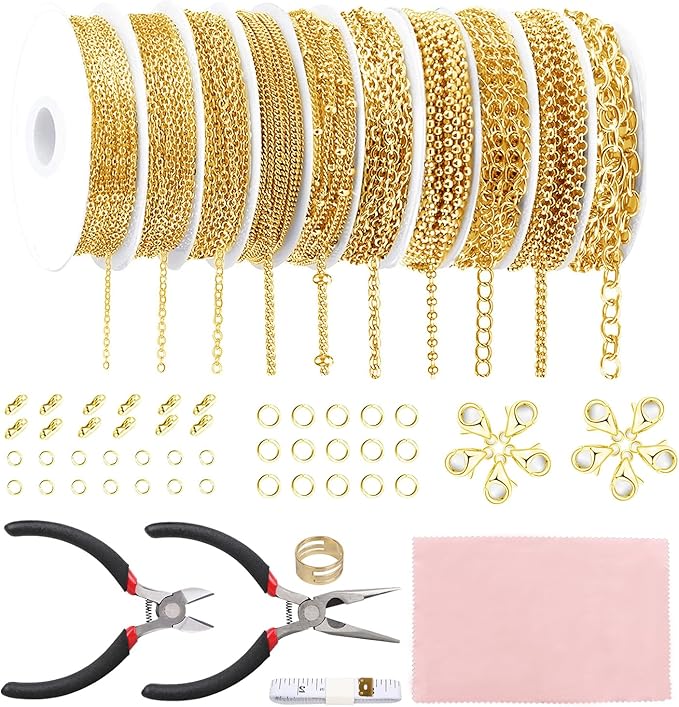 Fesorsi Gold Chain for Jewelry Making, 78.5ft 10 Style Steel Jewelry Chain, Electroplating Process, for DIY Necklace Chains, Tassel Pendants, with Jump Ring, Lobster Clasp, Pliers