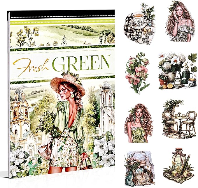 Fresh Green Scrapbook Sticker Book for Scrapbooking, A5 Size, Assorted PET Washi Paper Materials, 20 Sheets Diecut Journaling Stickers for Adults, Junk Journal Supplies, Collage, Crafts Arts