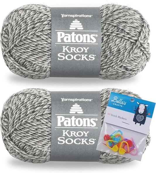 Patons Kroy Socks Yarn 2-Pack Bundle with Bella's Crafts Stitch Markers (Grey Marl)