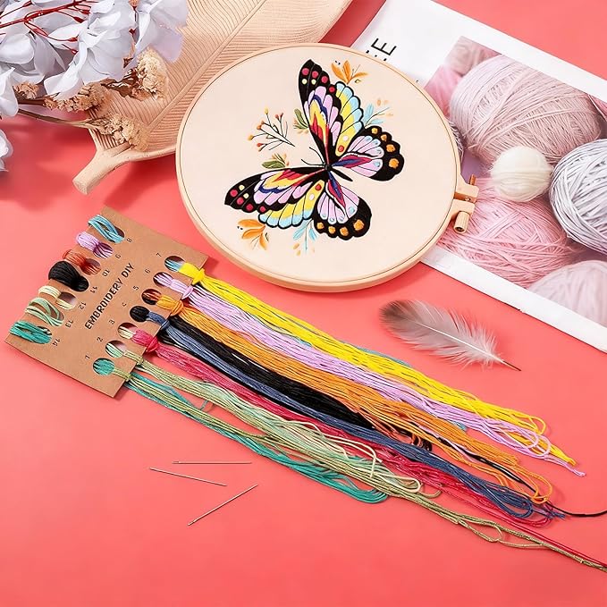 3Pcs Butterfly Flower Pattern Embroidery Kit, Cross Needlepoint Set, Hand Stamped Pre-Printed Fabric with Embroidery Tools, Stitch Practice Kit for Beginners, Adults, DIY Home Decor, Embellishment