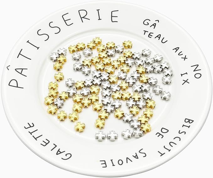 100pcs 8mm Two-Color Cross Beads – Gold & Silver Zinc Catholic Religious Beads for Rosary, DIY Jewelry Making, Necklace, Bracelet, Craft Accessories