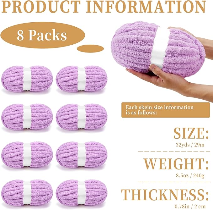 Chunky Chenille Yarn for Crocheting/Arm Knitting, Super Soft Jumbo Knit Blanket Yarn Light Purple 8 Pack (32 yds, 8.5 oz Each Pack)