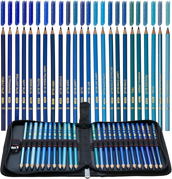 Blue Colored Pencils,Oil Based Wooden Colored Pencil Set for Adults Coloring Books Drawing Sketching Art Supplies 24 Color