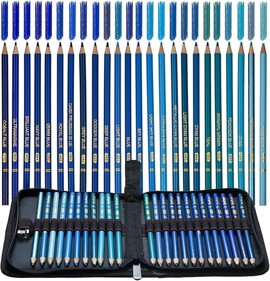 Blue Colored Pencils,Oil Based Wooden Colored Pencil Set for Adults Coloring Books Drawing Sketching Art Supplies 24 Color