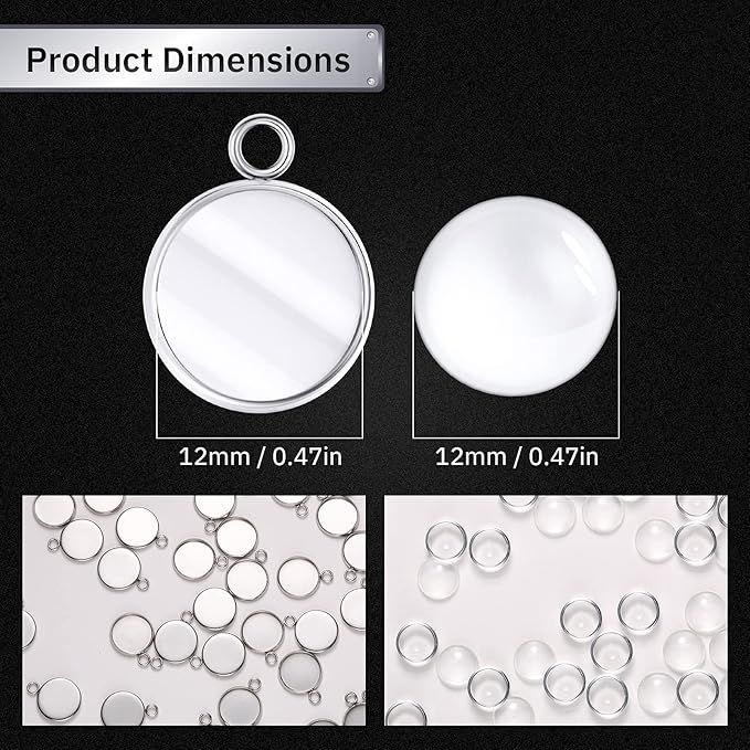 Hicarer 200 Pieces 12 mm Stainless Steel Round Blank Bezel Set, Including 100 Pendant Trays 100 Glass Cabochon Trays Pendant Blanks for Jewelry Making DIY Findings