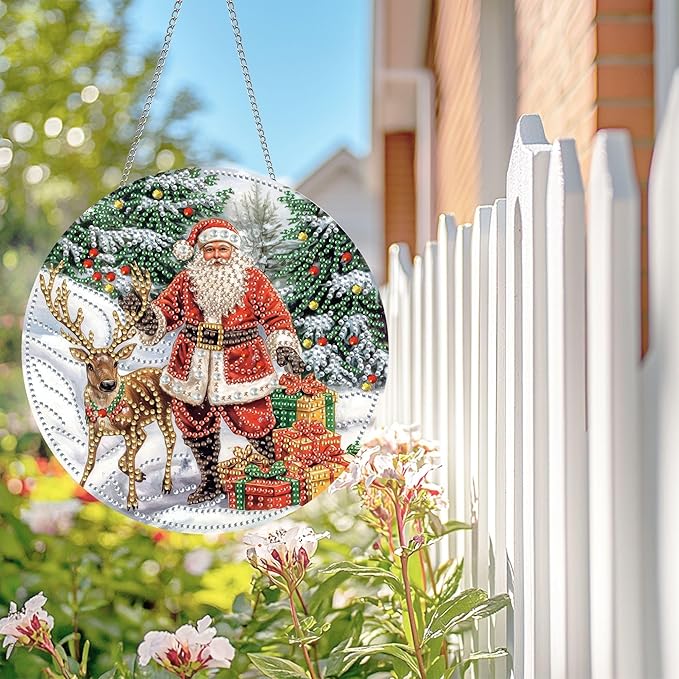 Wergund Christmas Diamond Art Hanging Kits, Hanging Diamond Art Santa Claus, Acrylic Special Shaped Rhinestone, Window Hanging Pendants for Home Wall Garden Front Door Outdoor Decor Gift(Christmas)