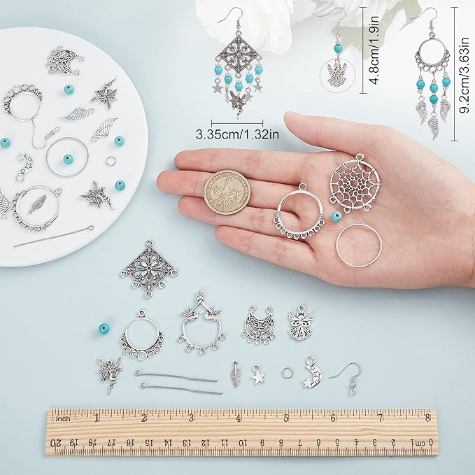SUNNYCLUE 1 Box DIY 10 Pairs Angel Fairy Charm Boho Style Chandelier Charms Earring Making Kit Feather Star Dream Catcher Pendants for Jewelry Making Kits Adult Women DIY Craft Beginner Supplies