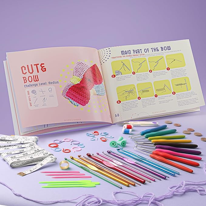 learn to crochet kit for beginners adults – beginner crochet kit for adults and kids, 80 piece crochet set with step-by-step guide and projects book, crochet starter kit, crochet yarn, and hooks