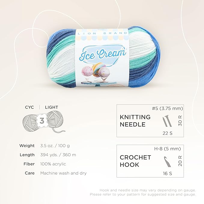 Lion Brand Yarn, Ice Cream Baby Yarn for Knitting, Crochet, and Crafts, Baseball Nut, 1 Pack, DK Weight Colorful Acrylic Fiber for Baby Blankets, Hats, and Sweaters