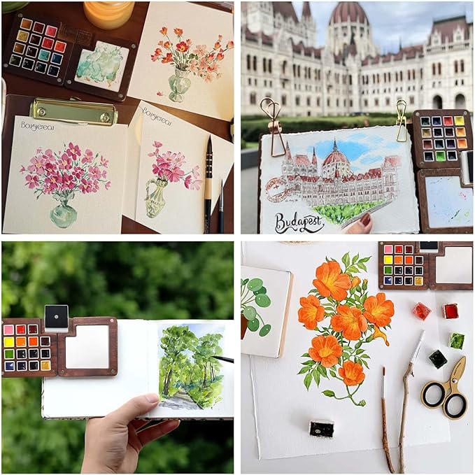 Mini Paint Palette Travel Kit - Mini Travel Watercolor Palette Set, Pocket Artist Water Color Travel Set with Colours, Binder Clips, Watercolor Pens, Wooden Paint Box for Painters Artists Students