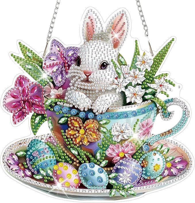 HEIBAGO Easter Bunny Diamond Art Hanging Kits for Adults, Diamond Art Suncatchers Rabbit, 5D Special Shape Diamond Painting Pendant, DIY Window Ornament Gifts for Home Garden Door Wall Decor 8.3x8.3In