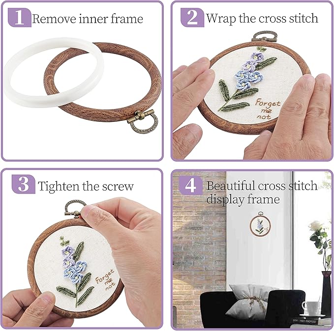piutouyar 3 pieces 4 inch embroidery hoop set imitated wood display frame embroidery hoops circle cross stitch hoop ring for art craft sewing and hanging ornaments decor
