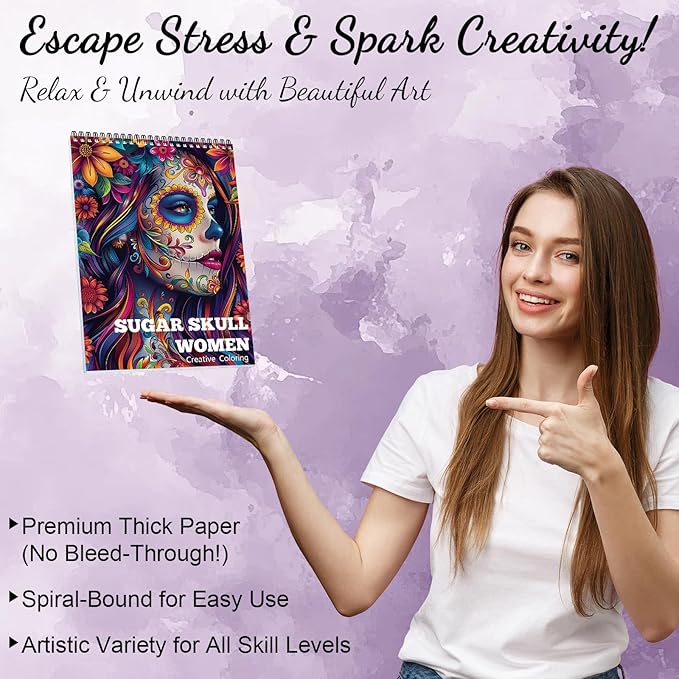 Sugar Skull Coloring Book for Adult Women Relaxation, Spiral Bound, Printed Single-Sided, Adult Coloring Book for Women with 24 Pages Arts and Crafts Sugar Skull Mindfulness Gift