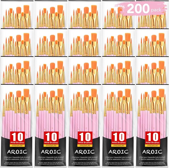 Acrylic Paint Brush Set, (20 Packs /200 pcs) Nylon Hair Brushes for Oil and Watercolor, Perfect Suit of Art Painting, Best Present for Painting, Pink