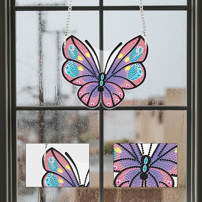 AiYuanzsh Cartoon Butterfly Diamond Painting Pendant Kit, 5D DIY Acrylic Special Shaped Rhinestones Diamond Art Hanging Ornament, Window Wall Door Decoration Craft Gift for Adults